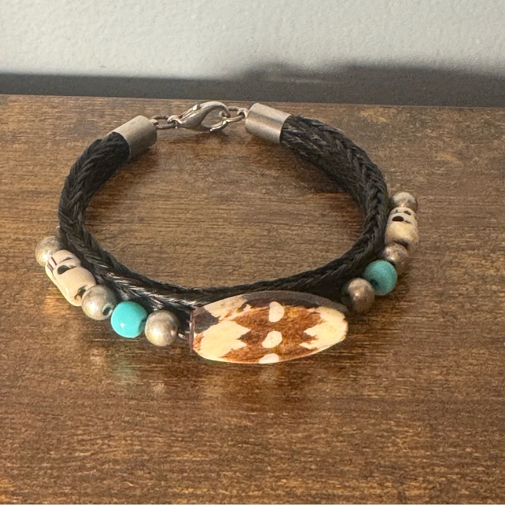 Vintage Horsehair Bracelet Bone Skull Beads Turquoise Western‎ Cowboy Boho